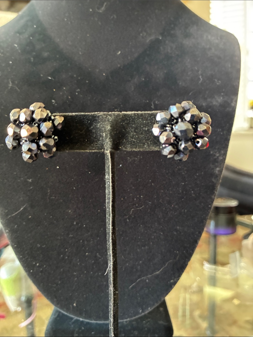 Black Beaded Cluster Stud Earrings - Unbranded